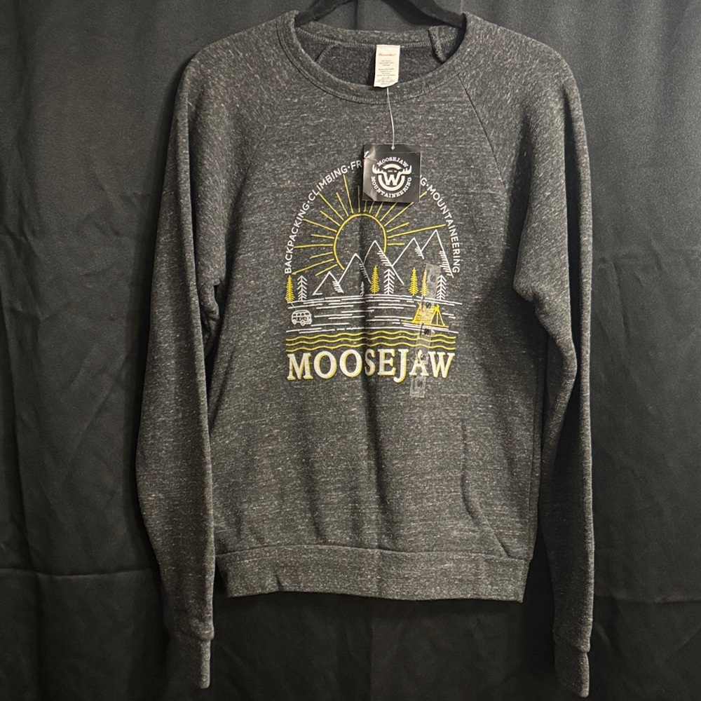 Moosejaw Heather Gray Crewneck Sweatshirt with Yellow Mountain Graphic